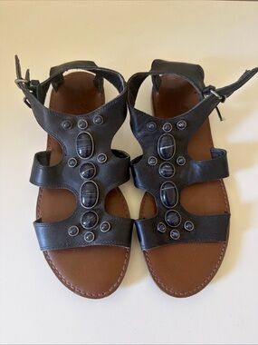 American Eagle Outfitters Black Strappy Gem-Accented Leather Sandals